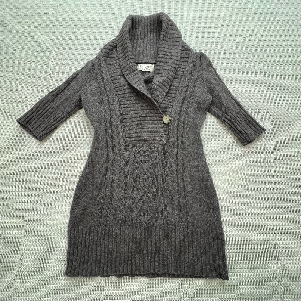 Twiggy Women’s Mocha Brown Short Sleeve Shawl Collar Cable Knit Sweater Dress M